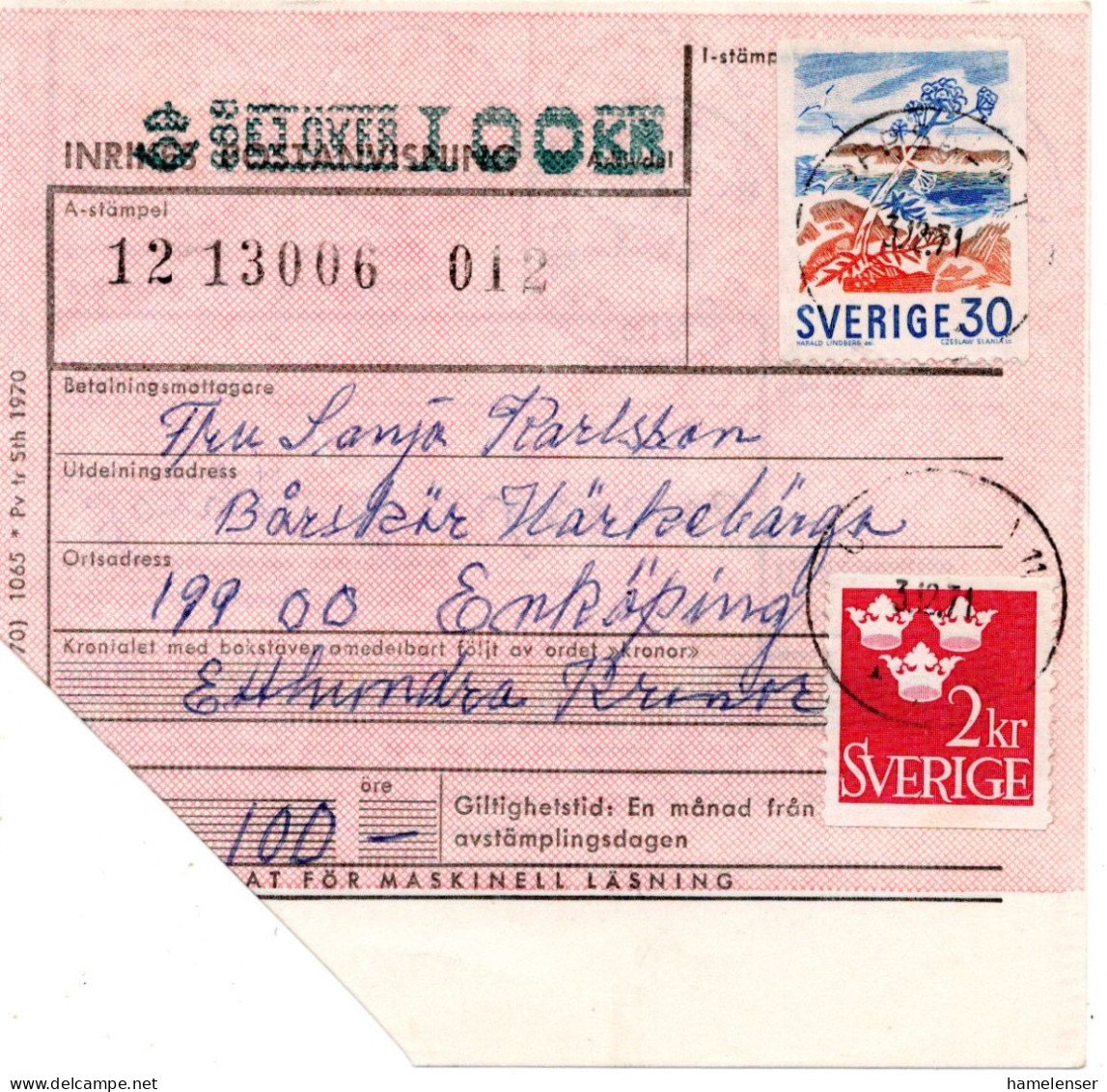 76615 - Schweden - 1971 - 2Kr Wappen MiF A Postanw UPPSALA -> ENKOEPING - Cartas & Documentos