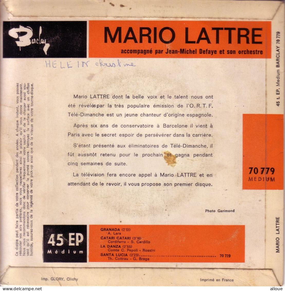 MARIO LATTRE - FR EP - GRANADA + 3 - Opéra & Opérette