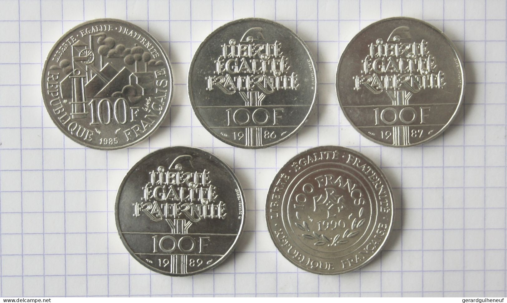 ARGENT : 5 Monnaies Françaises De 100 Francs SUP (de 1985 à 1990) - Mezclas - Monedas