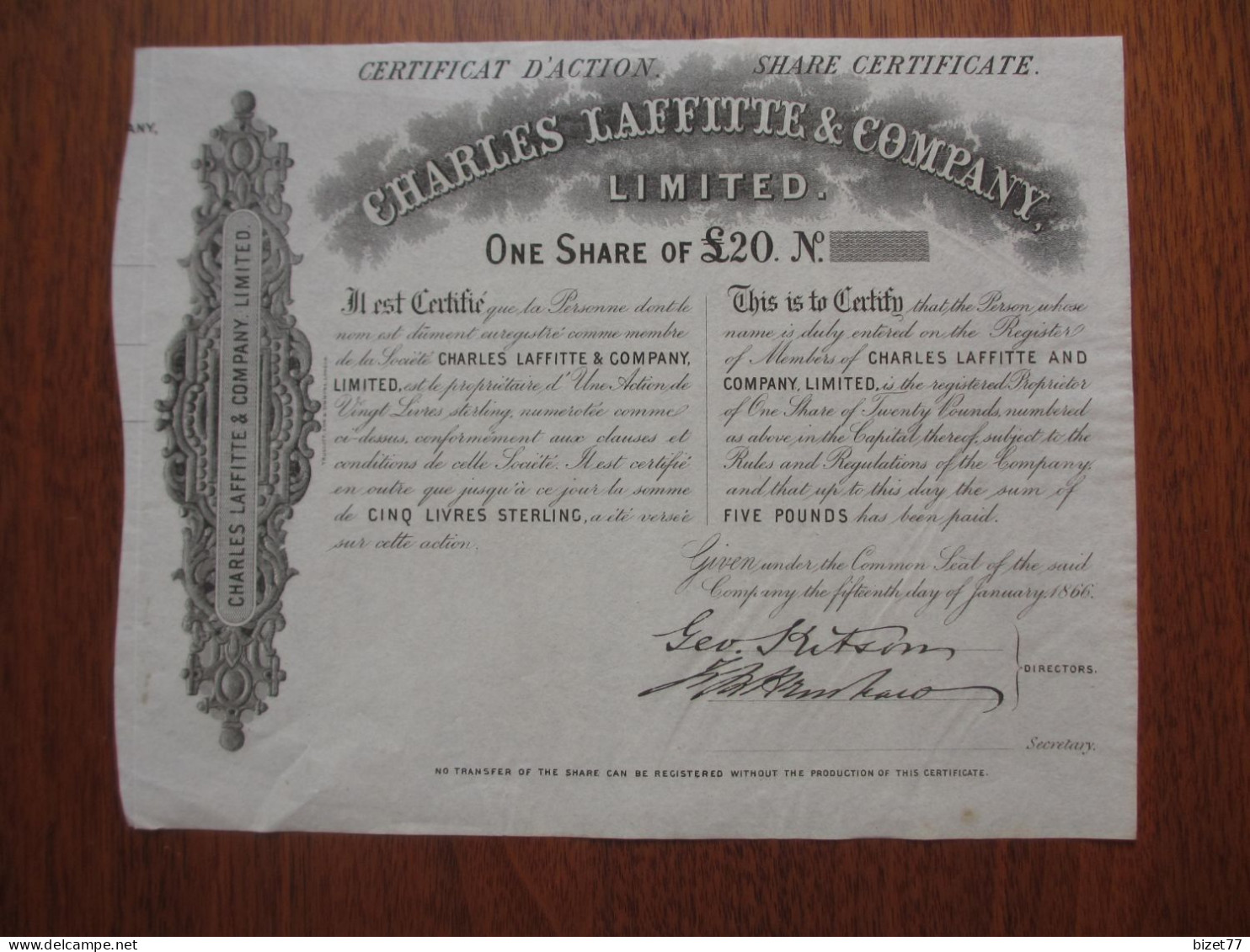 FRANCE- ANGLETERRE , 1866 -  CHARLES LAFFITTE Cie - TITRE DE 1 ACTION DE 20 £ STERLING - Autres & Non Classés