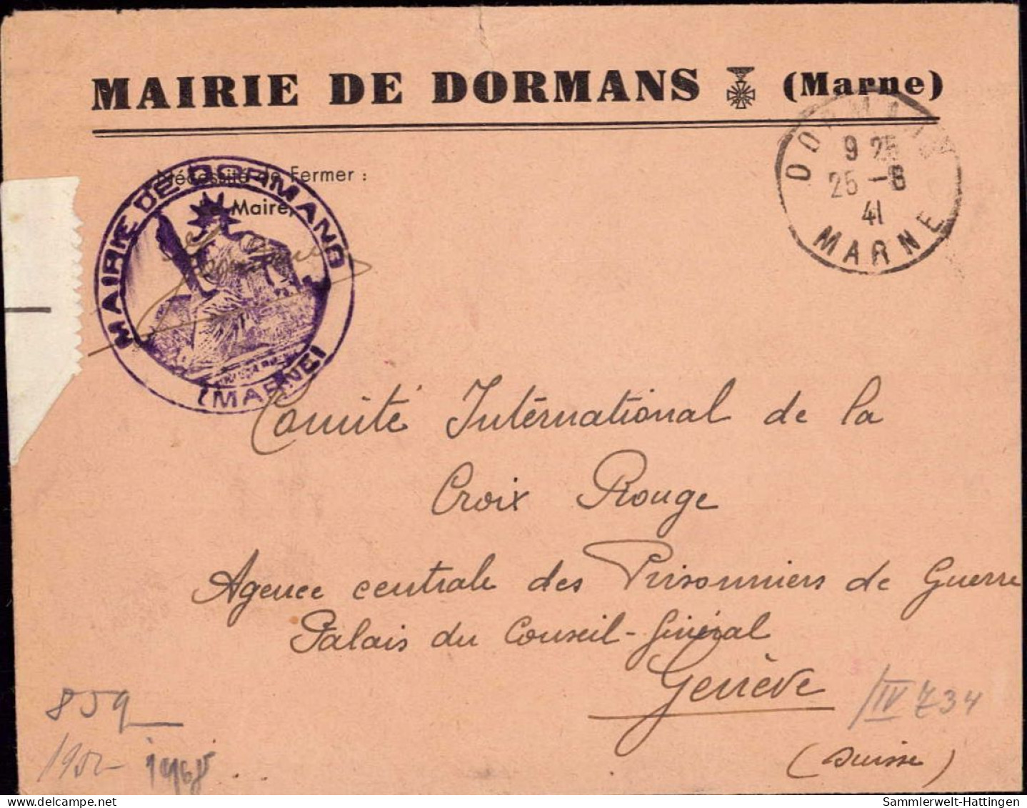 604010 | Dienstbrief, 1941, Mairie De Dormans An Das Rote Kreuz, Zensur  | Dormans;Marne (F 51700 Frankreich), -, - - Brieven & Documenten