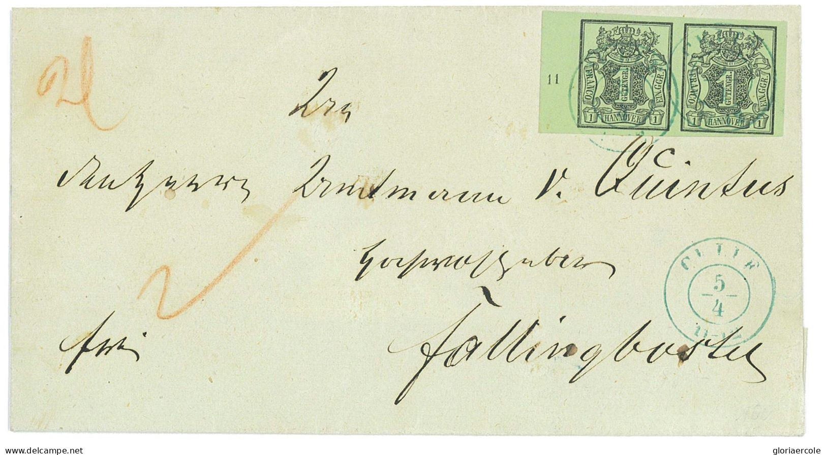 P2872 - HANNOVER, MICHEL NR. 2 PAIR ON COVER. RANDSTÜCK NUMMER (11), SUPER LUXUS QUALITY. 1853 - Brunswick