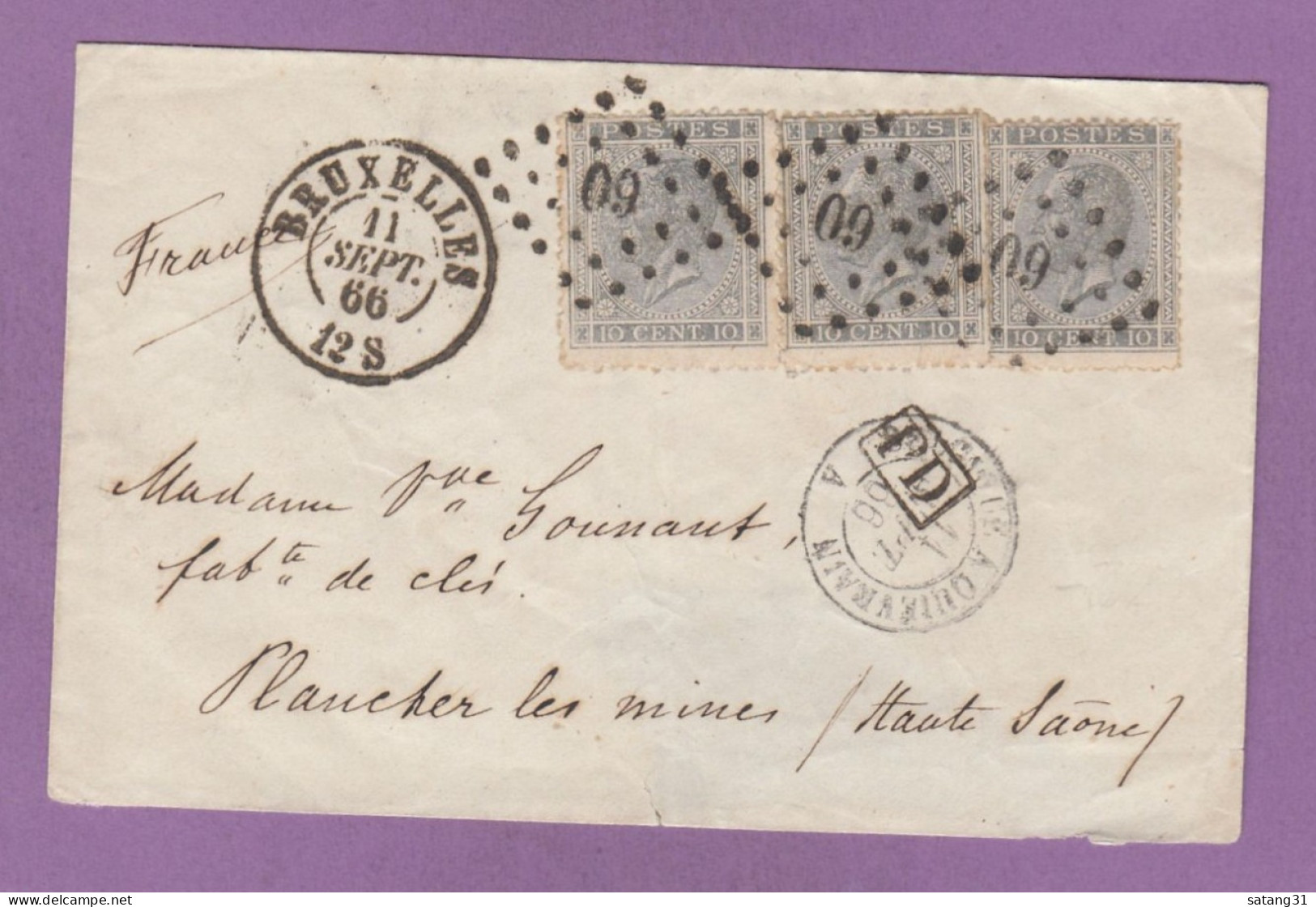 LETTRE DE BRUXELLES AVEC COB 3 X NO 17 POUR PLACHER LES MINES,CACHET "BELGIQUE A QUIERVAIN" ET AUTRES,,1866. - 1865-1866 Profil Gauche