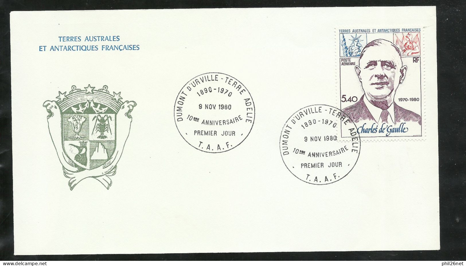 TAAF Lettre FDC Premier Jour Dumont D'Urville  Terre Adélie Le 9/11/1980 PA  N° 61 De Gaulle   B/TB Soldé ! ! ! - De Gaulle (Général)