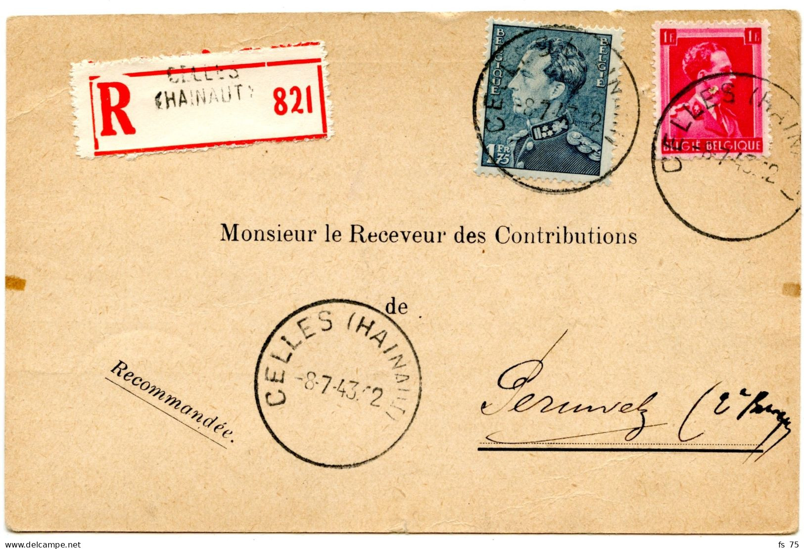 BELGIQUE - COB 428+430  SIMPLE CERCLE CELLES (HAINAUT) SUR CARTE POSTALE COMMERCIALE  RECOMMANDEE, 1943 - Covers & Documents