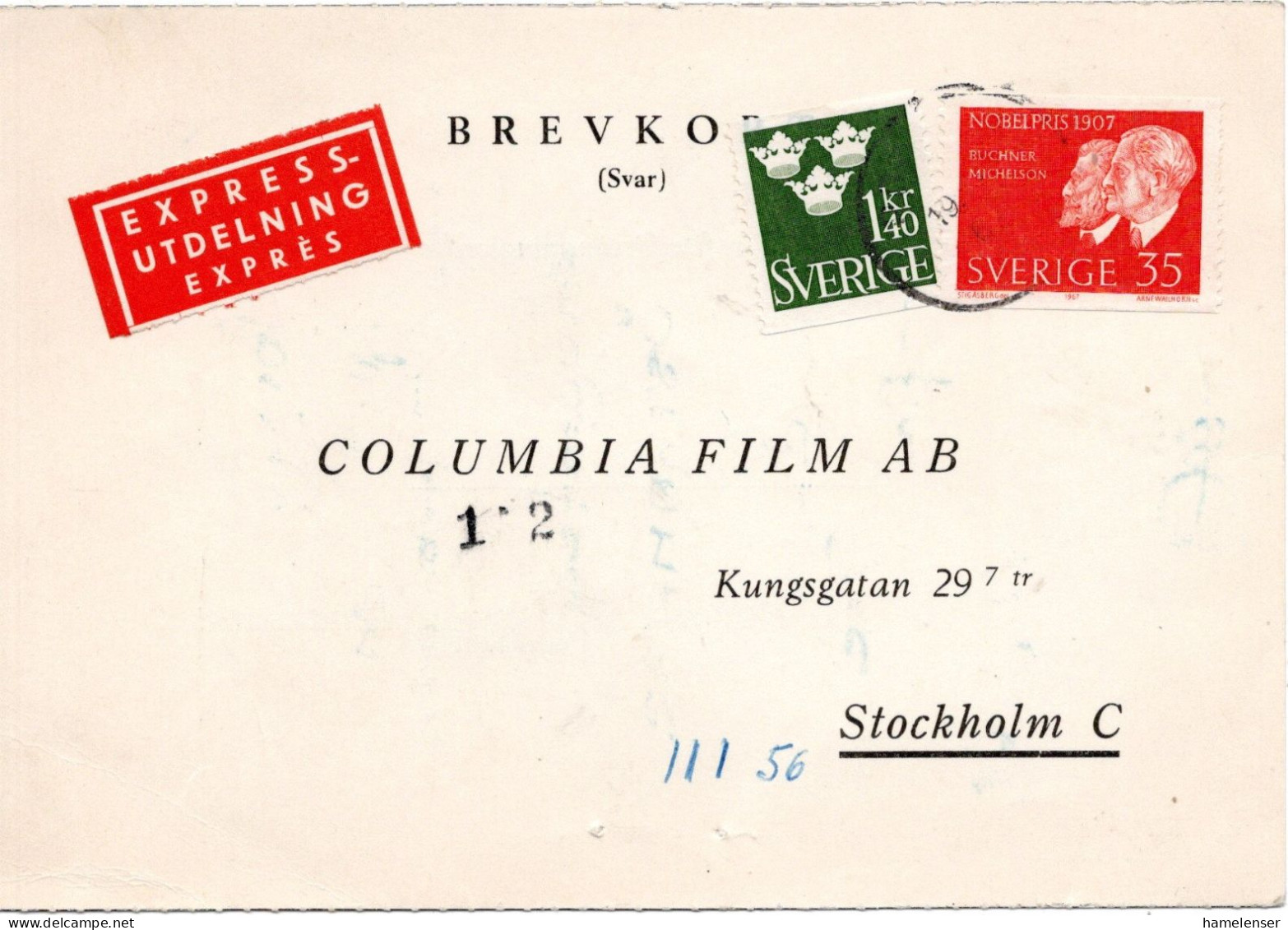 76616 - Schweden - 1968 - 1,40Kr Wappen MiF A EilKte PORJUS -> Stockholm - Brieven En Documenten