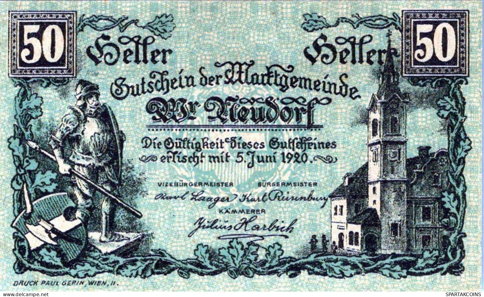 50 HELLER 1920 Stadt WIENER NEUDORF Niedrigeren Österreich Notgeld #PE451 - Lokale Ausgaben