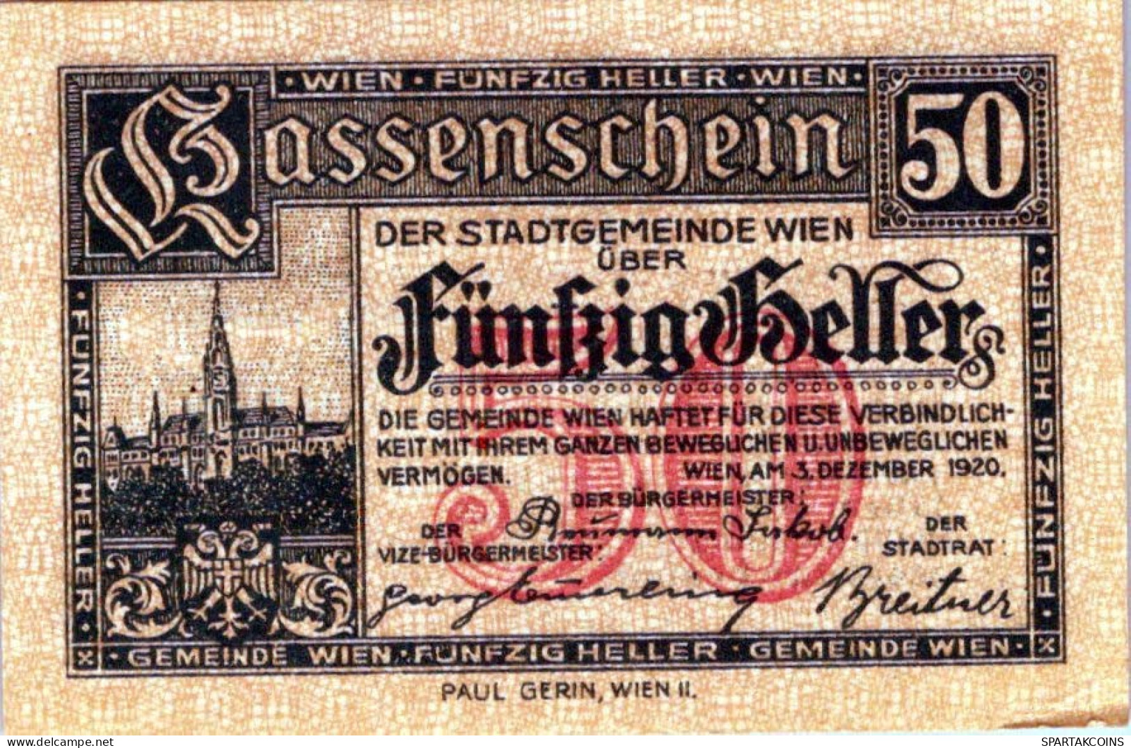 50 HELLER 1920 Stadt Wien UNC Österreich Notgeld Banknote #PJ199 - Lokale Ausgaben