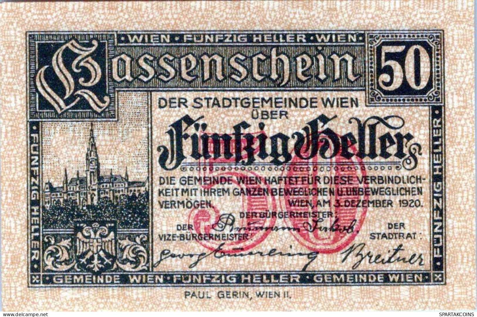 50 HELLER 1920 Stadt Wien UNC Österreich Notgeld Banknote #PJ191 - Lokale Ausgaben