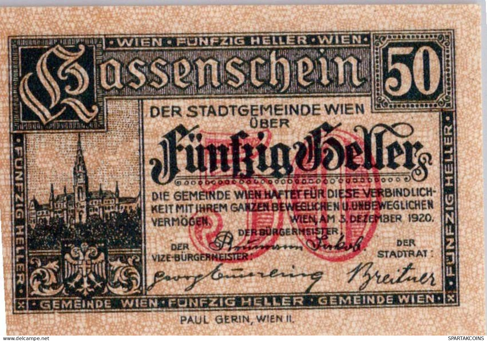 50 HELLER 1920 Stadt Wien UNC Österreich Notgeld Banknote #PH452 - Lokale Ausgaben