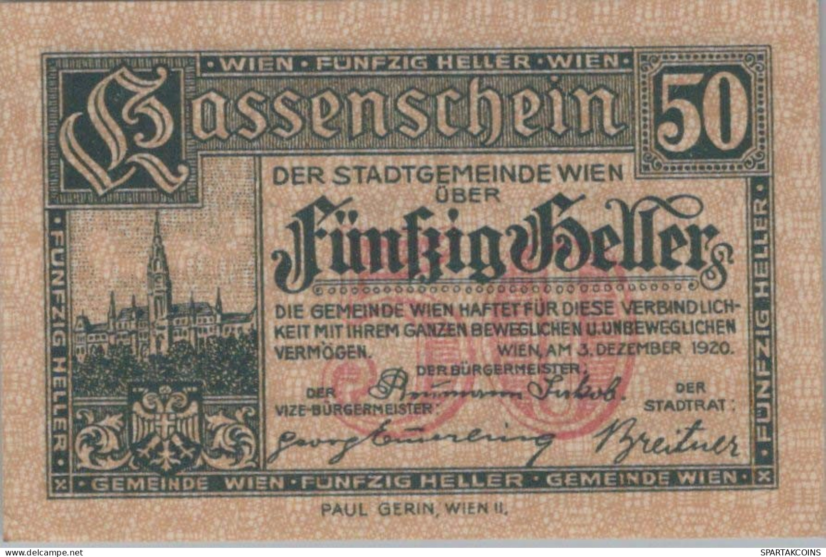 50 HELLER 1920 Stadt Wien Österreich Notgeld Banknote #PJ236 - Lokale Ausgaben