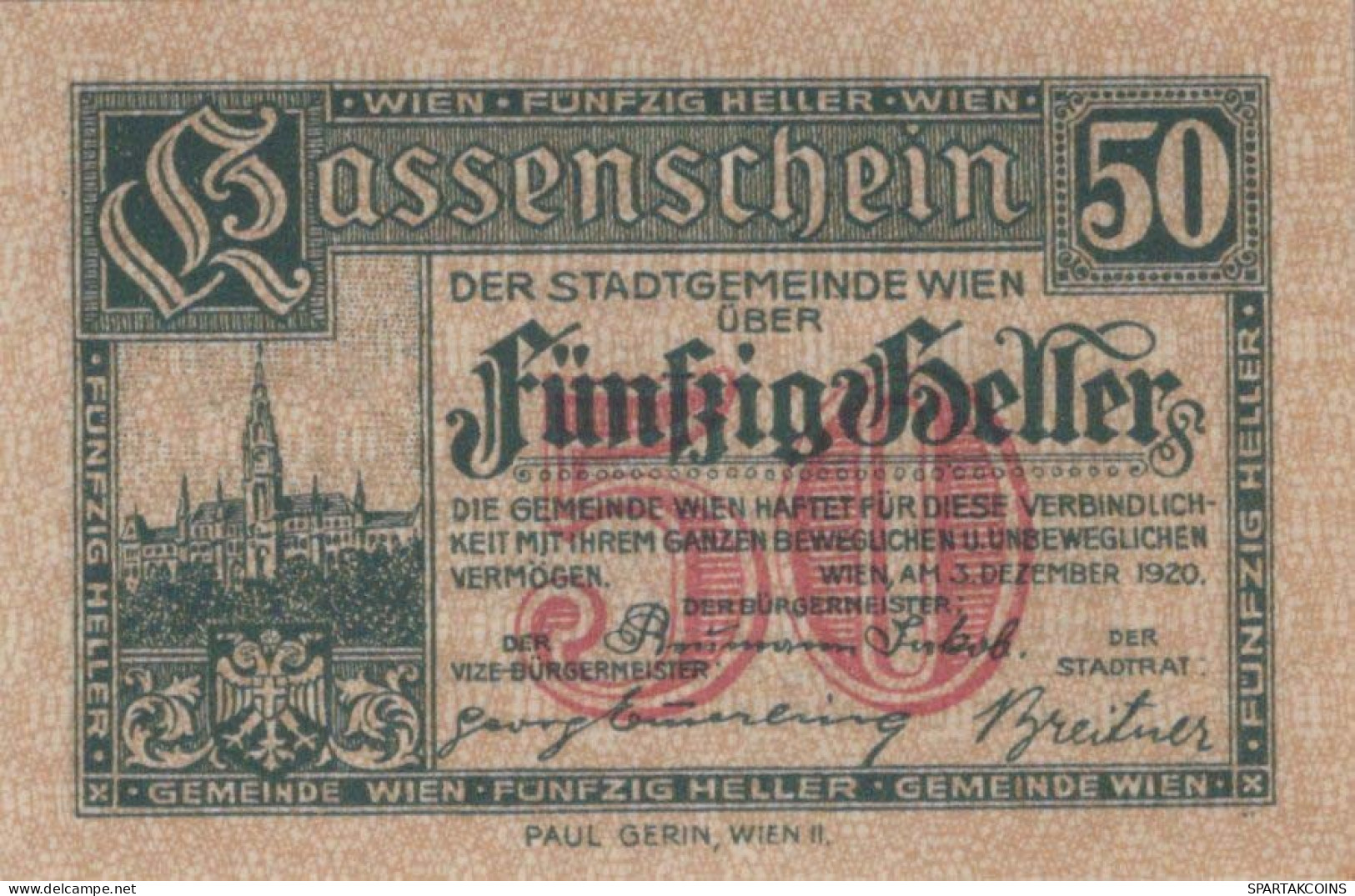 50 HELLER 1920 Stadt Wien Österreich Notgeld Banknote #PG035 - Lokale Ausgaben