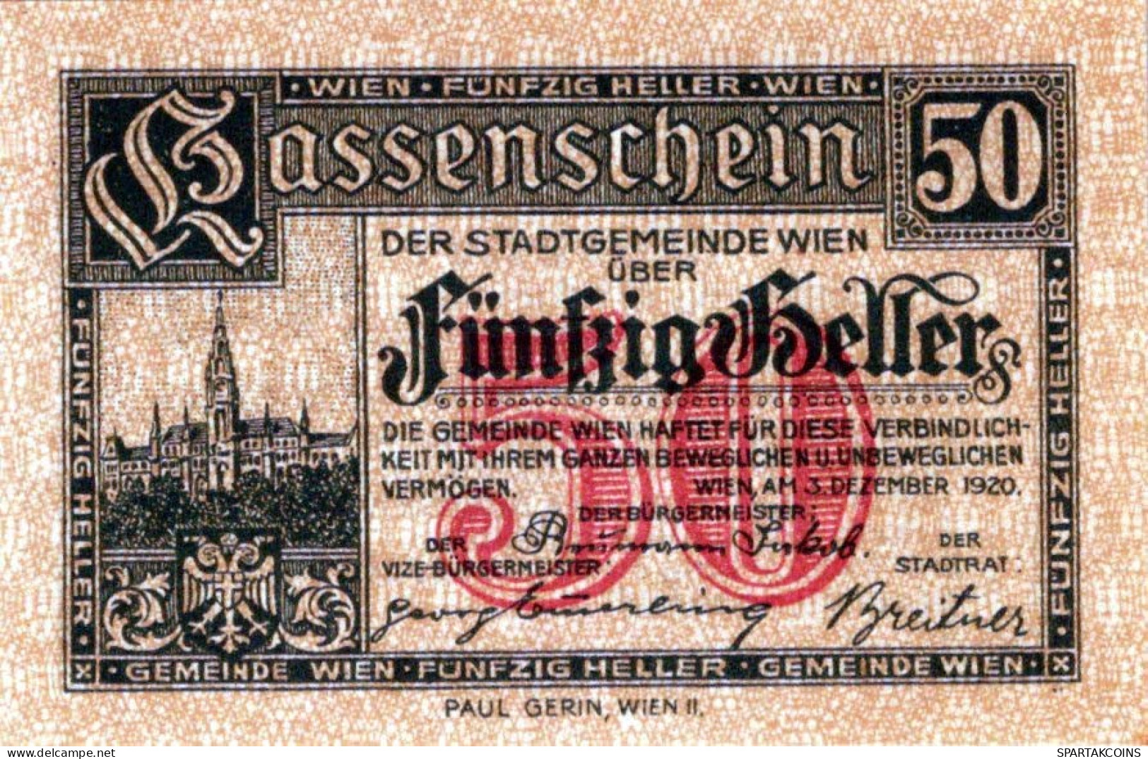 50 HELLER 1920 Stadt Wien Österreich Notgeld Banknote #PG035 - Lokale Ausgaben