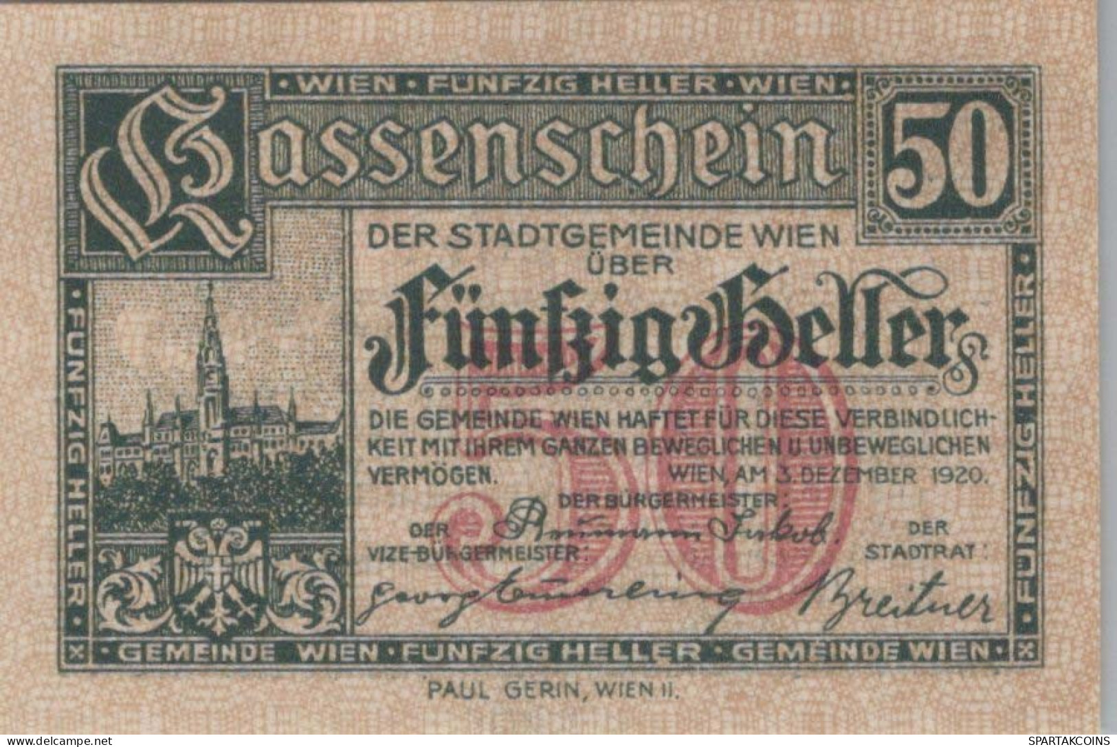 50 HELLER 1920 Stadt Wien Österreich Notgeld Banknote #PF322 - Lokale Ausgaben