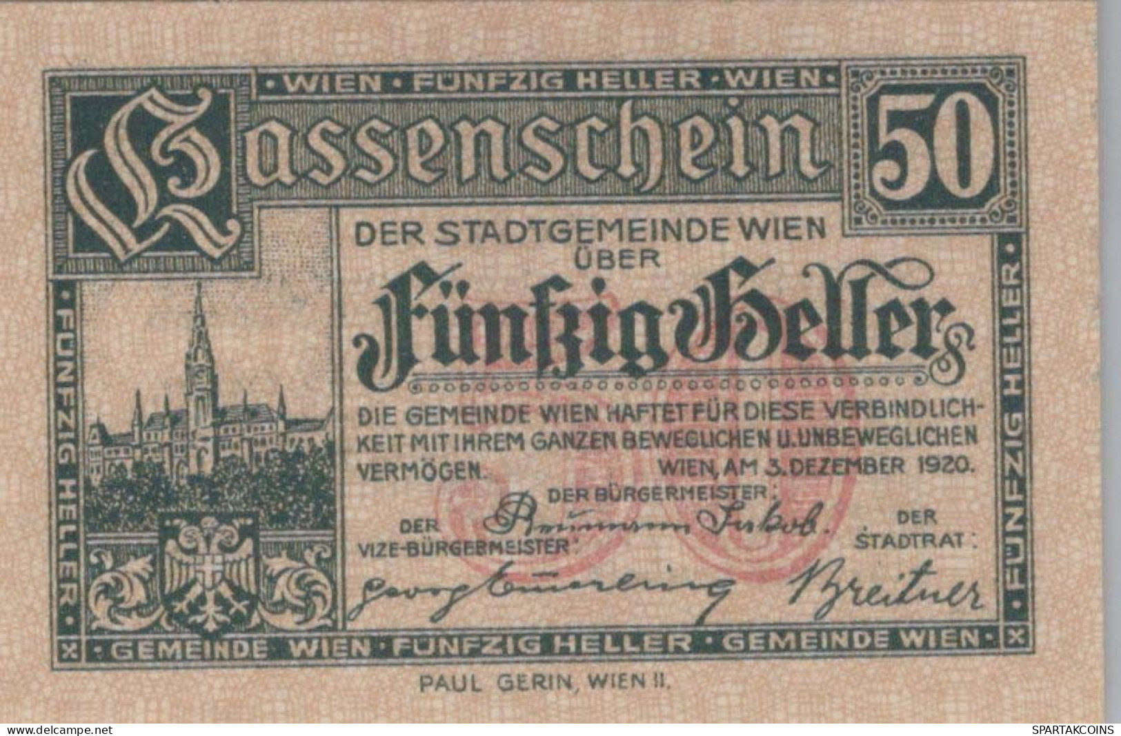 50 HELLER 1920 Stadt Wien Österreich Notgeld Banknote #PF774 - Lokale Ausgaben