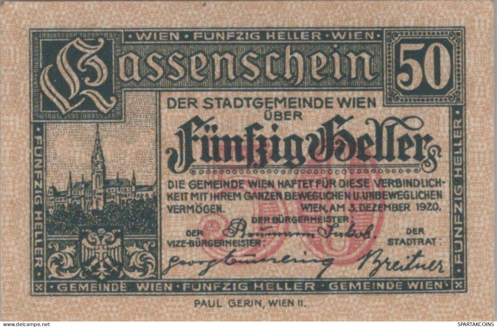 50 HELLER 1920 Stadt Wien Österreich Notgeld Banknote #PF311 - Lokale Ausgaben