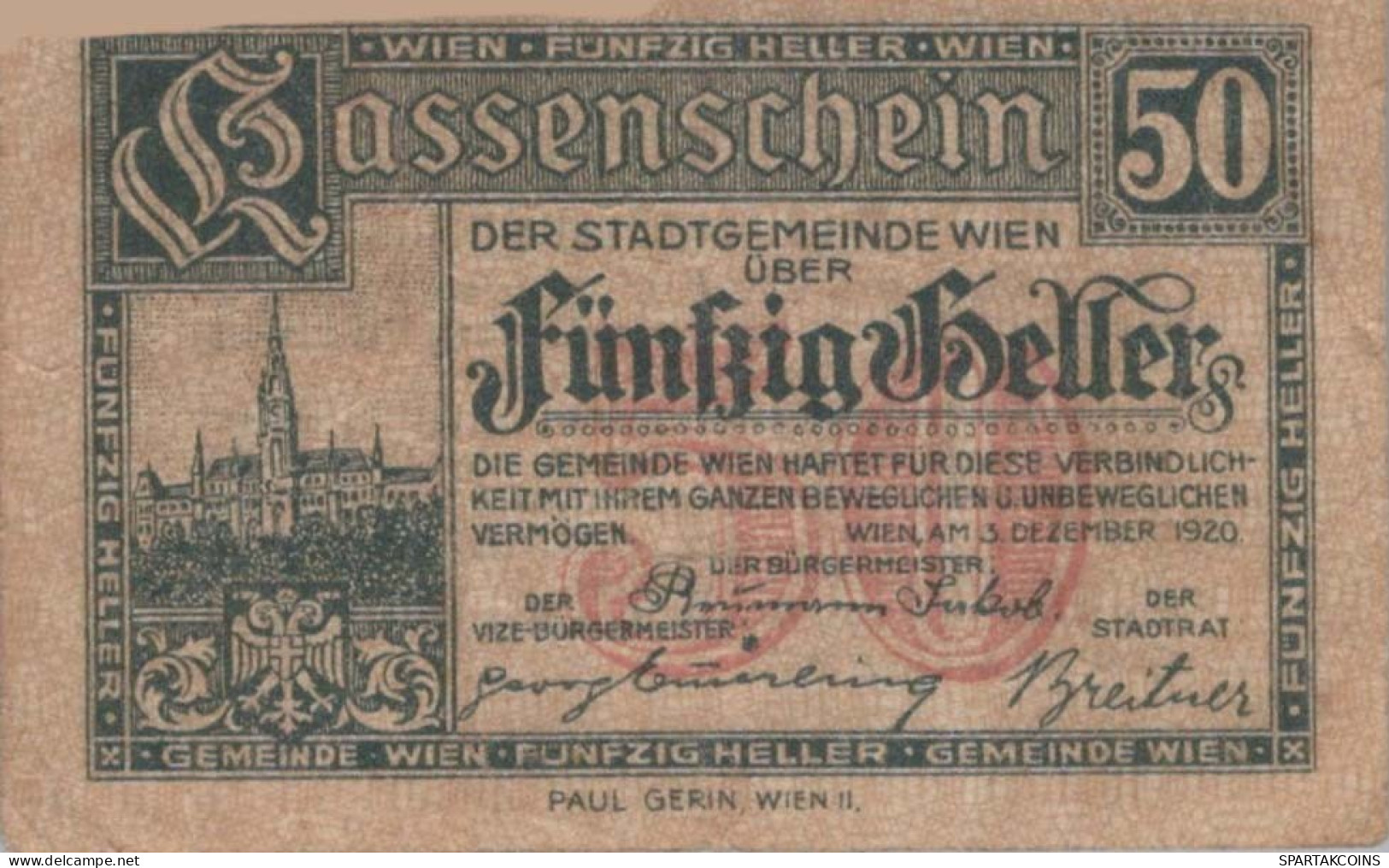 50 HELLER 1920 Stadt Wien Österreich Notgeld Banknote #PD905 - Lokale Ausgaben