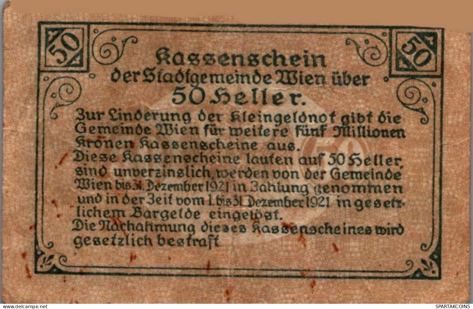 50 HELLER 1920 Stadt Wien Österreich Notgeld Banknote #PD905 - Lokale Ausgaben