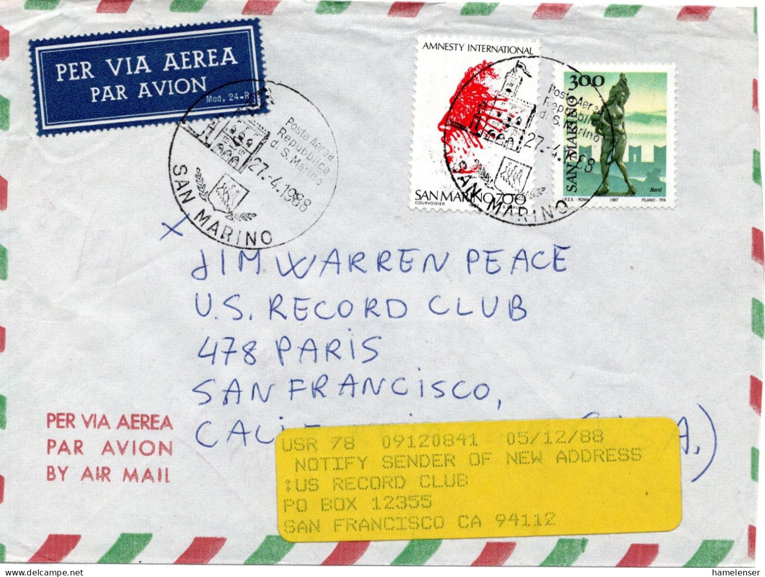 76617 - San Marino - 1988 - 700L Amnesty International MiF A LpBf SAN MARINO -> San Francisco, CA (USA) - Briefe U. Dokumente