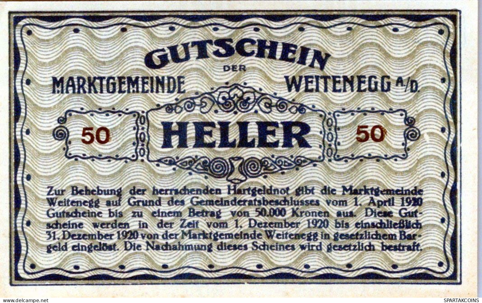 50 HELLER 1920 Stadt WEITENEGG Niedrigeren Österreich Notgeld Papiergeld Banknote #PG747 - Lokale Ausgaben