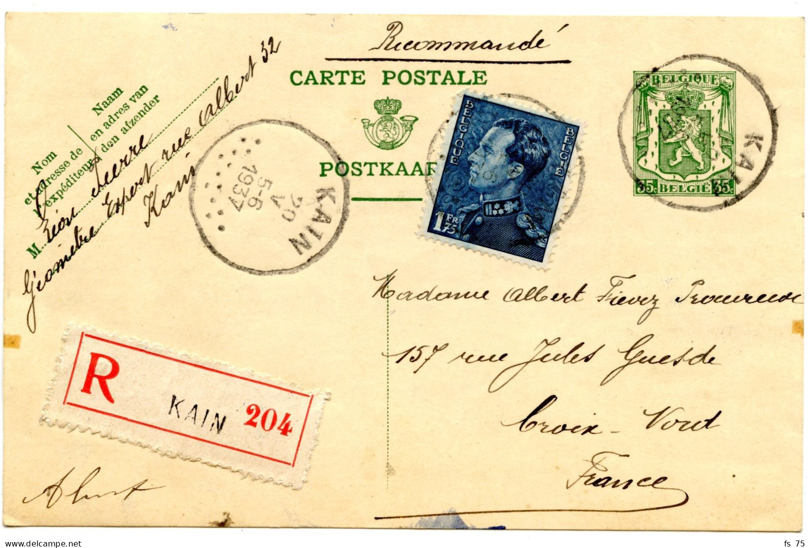 BELGIQUE - COB 430  SUR ENTIER CARTE POSTALE 35C ARMOIRIES RECOMMANDE, 1937 - Lettres & Documents