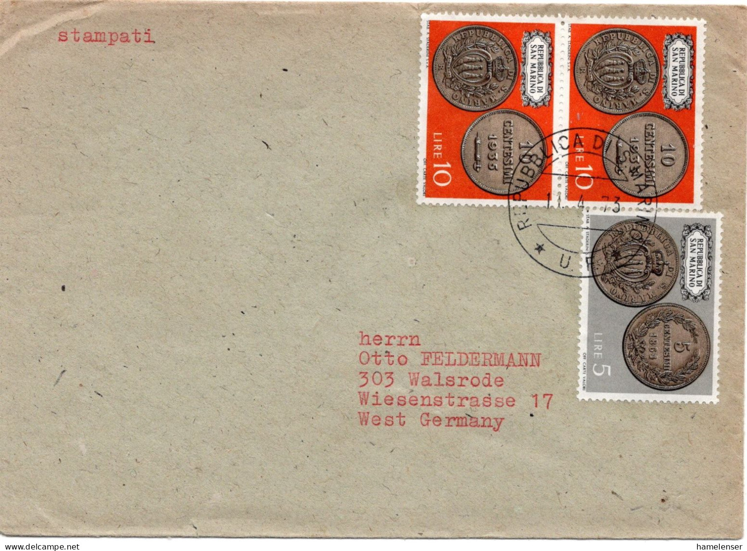 76618 - San Marino - 1973 - 2@10L Muenzen MiF A DrucksBf SAN MARINO -> Westdeutschland - Storia Postale