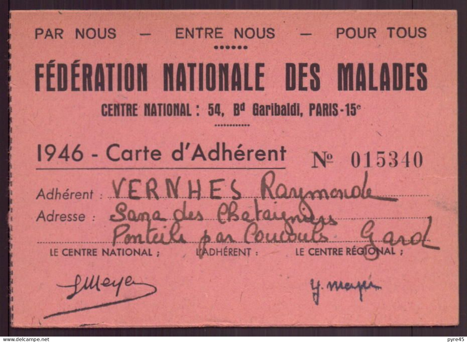 Carte D'adherent Federation Nationale Des Malades, 1946 - Unclassified