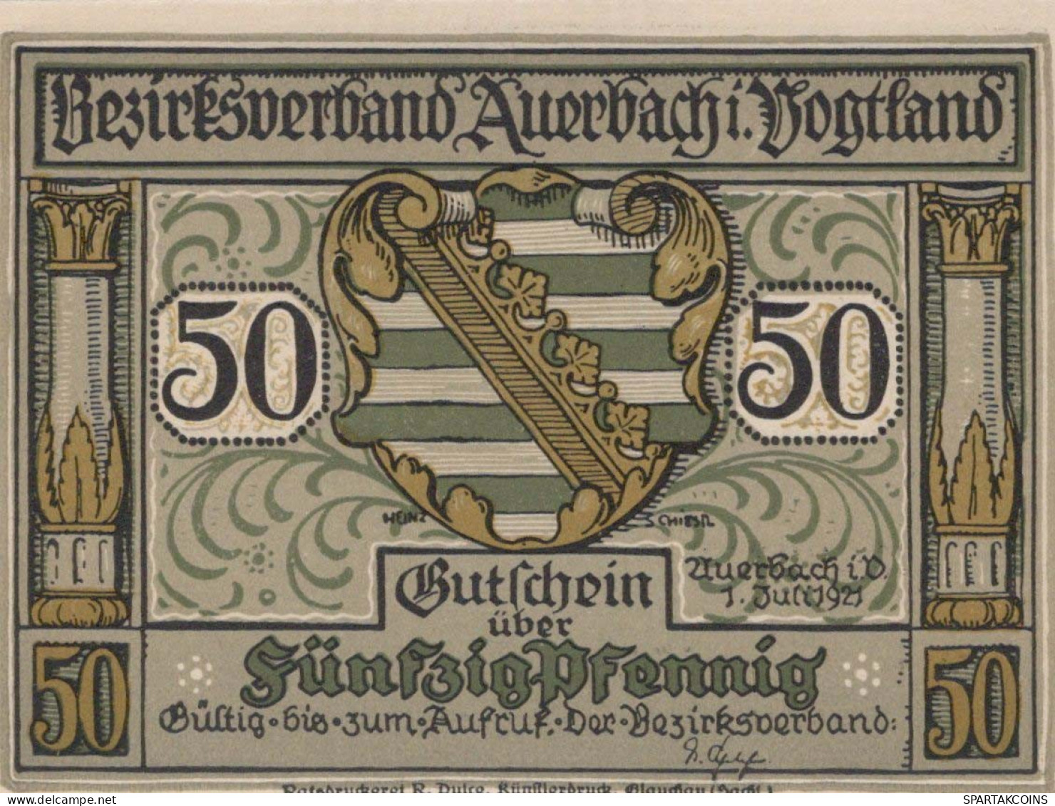 50 PFENNIG 1921 Stadt AUERBACH IM VOGTLAND Saxony DEUTSCHLAND Notgeld #PD497 - [11] Emissions Locales
