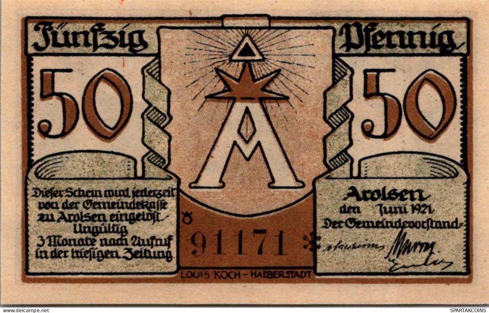 50 PFENNIG 1921 Stadt AROLSEN Waldeck-Pyrmont UNC DEUTSCHLAND Notgeld #PI119 - [11] Local Banknote Issues