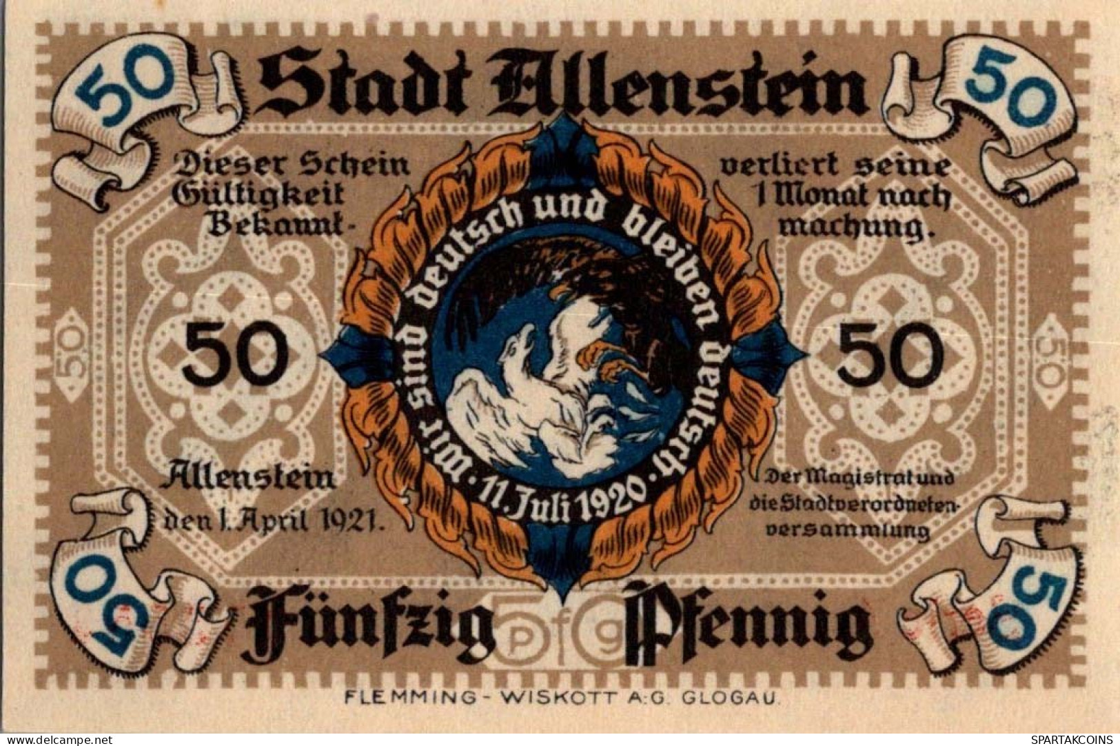 50 PFENNIG 1921 Stadt ALLENSTEIN East PRUSSLAND UNC DEUTSCHLAND Notgeld #PA016 - [11] Local Banknote Issues