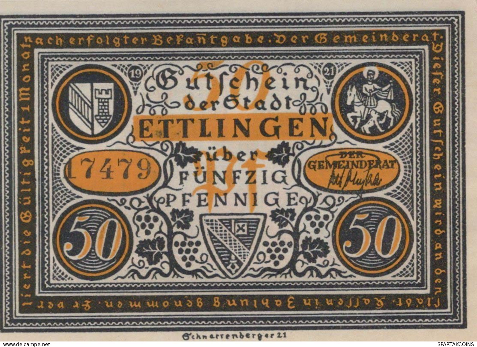 50 PFENNIG 1921 Stadt ETTLINGEN Baden UNC DEUTSCHLAND Notgeld Banknote #PB363 - [11] Local Banknote Issues