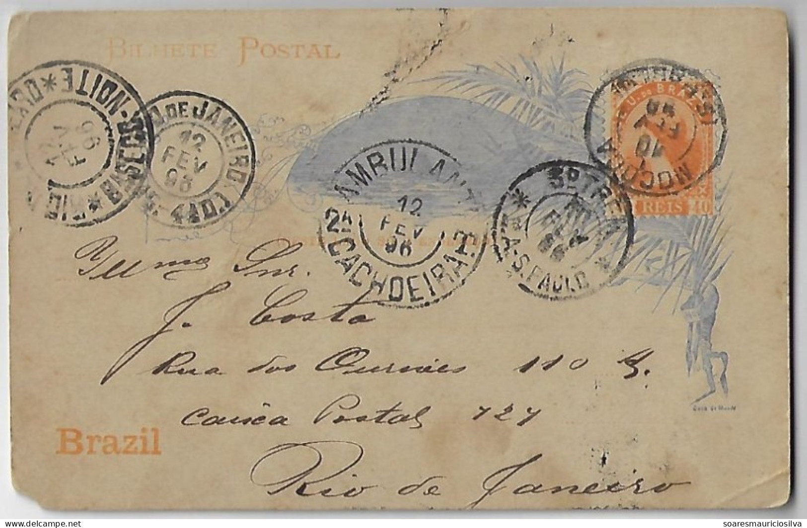 Brazil 1896 Postal Stationery Card Stamp 40 Reis Sent From Mococa To Rio De Janeiro Railroad Cancel 3º Train + Ambulant - Postwaardestukken