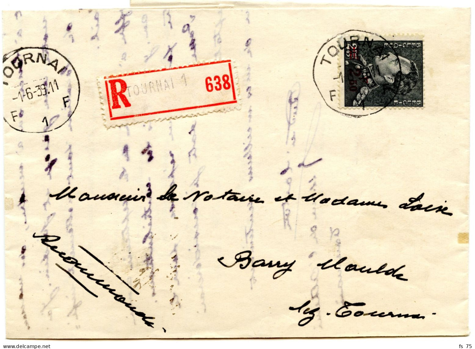 BELGIQUE - COB 478  SIMPLE CERCLE TOURNAI SUR LETTRE RECOMMANDEE, 1938 - Storia Postale
