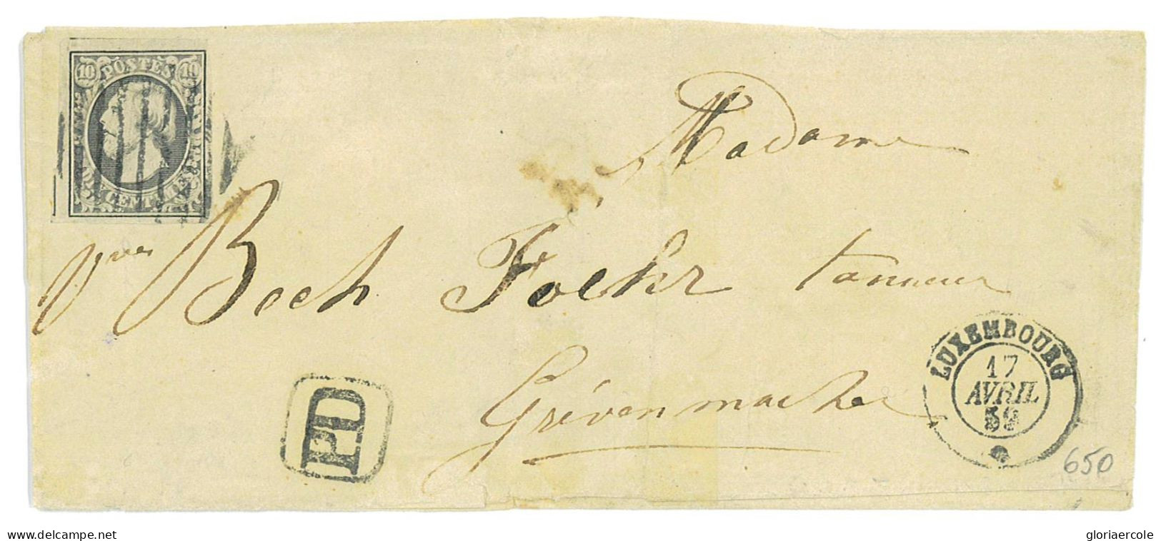 P2881 - LUXEMBURG, MICHEL NR. 1 ON FOLDED LETTER, FROM LUXEMBURG 17/4/1859 TO GREVENMACHER (RARE) - Sonstige & Ohne Zuordnung