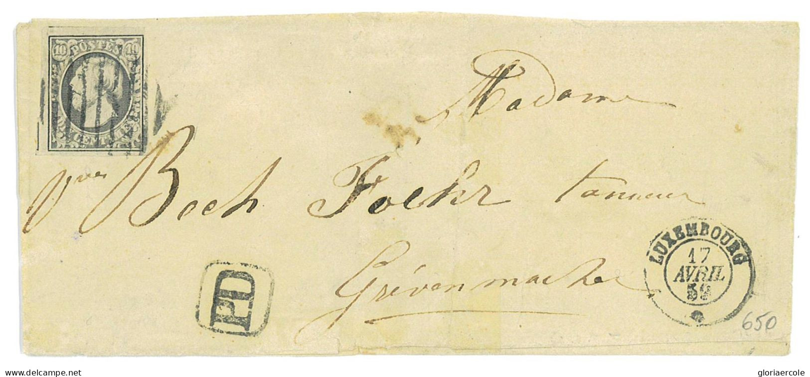 P2881 - LUXEMBURG, MICHEL NR. 1 ON FOLDED LETTER, FROM LUXEMBURG 17/4/1859 TO GREVENMACHER (RARE) - Autres & Non Classés