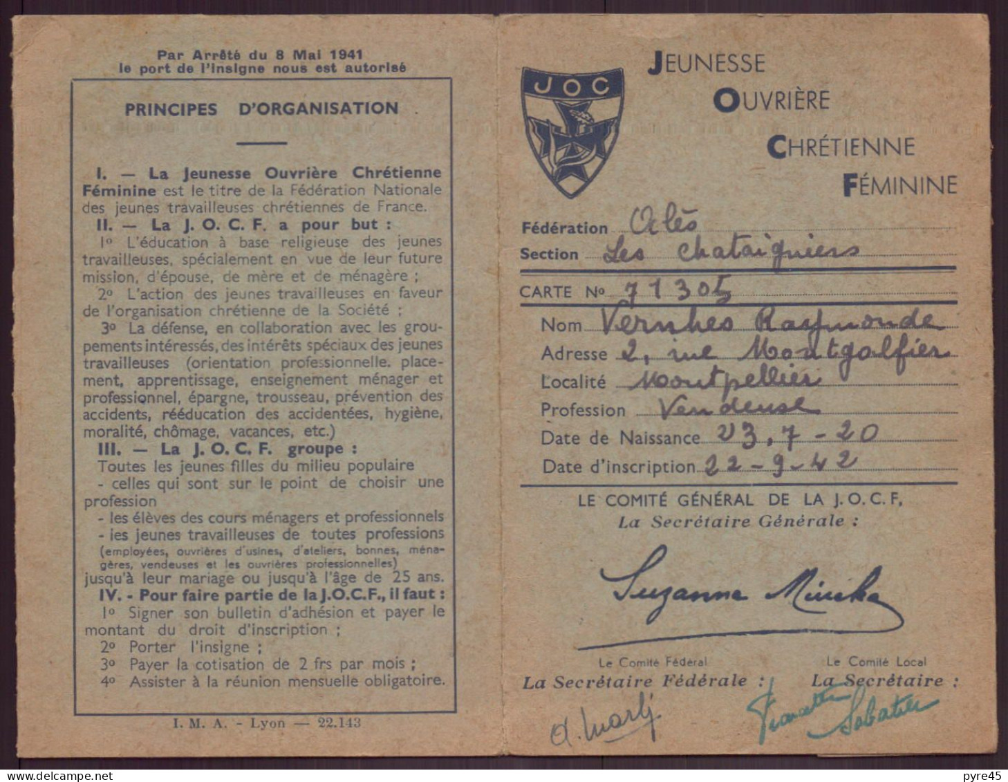 Carte Jeunesse Ouvriere Chretienne Feminine, Montpellier, 1942 - Unclassified