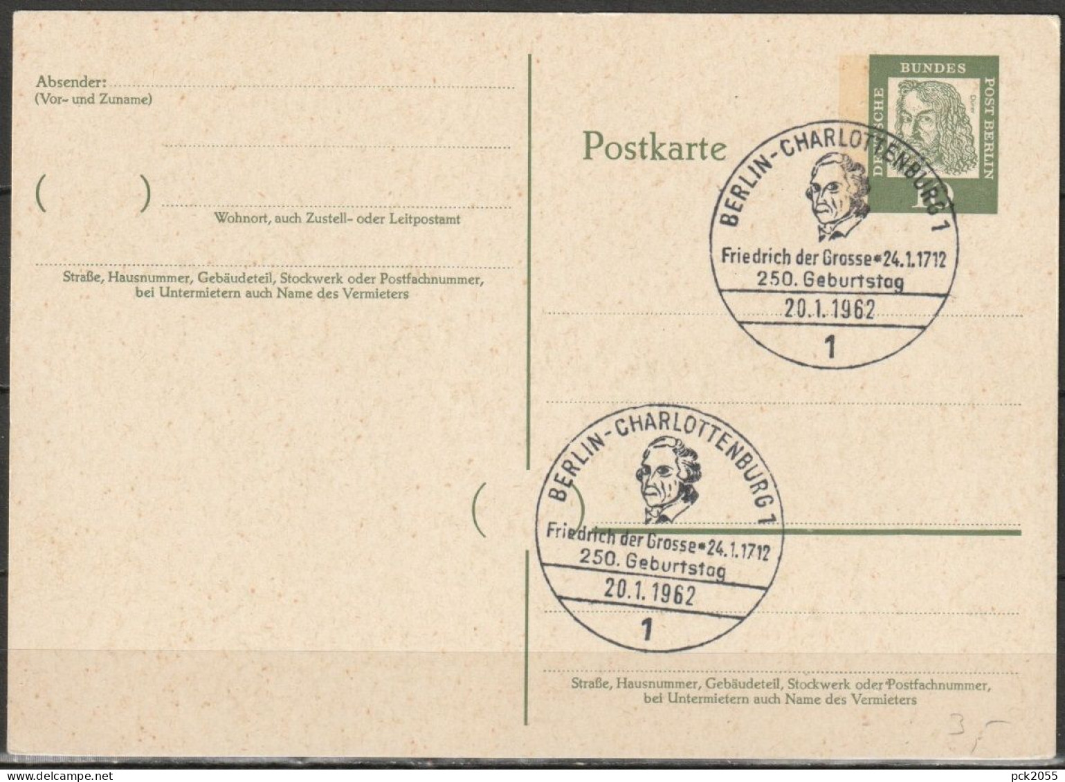 Berlin Ganzsache 1961 Mi.-Nr. P 51 Sonderstempel BERLIN-CHARLOTTENBURG 20.1.62  ( PK 229 ) - Cartes Postales - Oblitérées