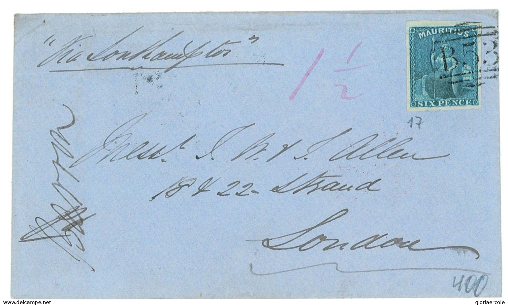 P2882 - MAURITIUS SG. 32 JUMBO MARGINS FROM MAHEBOURG (SCARCE SQUARED CANCELL!!!) TO LONDON - Mauricio (...-1967)