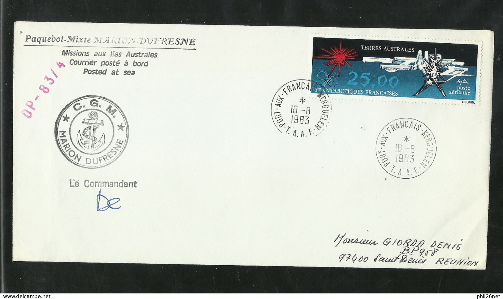 TAAF Poste Aérienne N° 78 Mathieu Lettre Voyagée 18/08/1983 Par Le Marion Dufresne Cachets TB Voir Scan Soldé  ! ! - Airmail