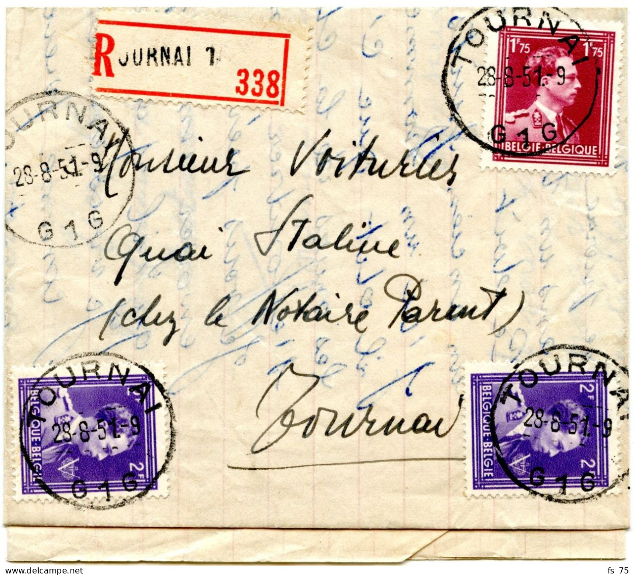 BELGIQUE - COB 693X2+832 SIMPLE CERCLE TOURNAI SUR LETTRE RECOMMANDEE, 1951 - Lettres & Documents