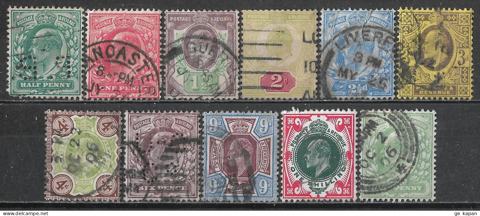 1902,1904 GREAT BRITAIN Set Of 11 Used Stamps Perf.14 (Scott # 127-133,135,136,138,143) CV $248.25 - Usati