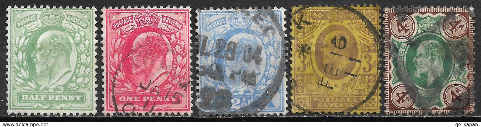 1902,1904 GREAT BRITAIN Set Of 5 Used Stamps Perf.14 (Scott # 128,131-133,143) CV $69.00 - Used Stamps