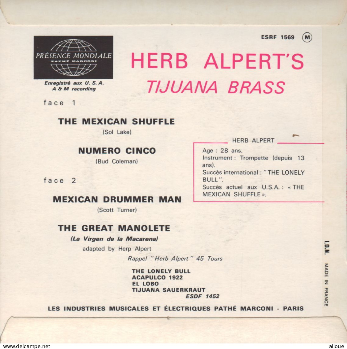 HERB ALPERT'S TIJUANA BRASS - FR EP - THE MEXICAN SHUFFLE + 3 - Musiche Del Mondo