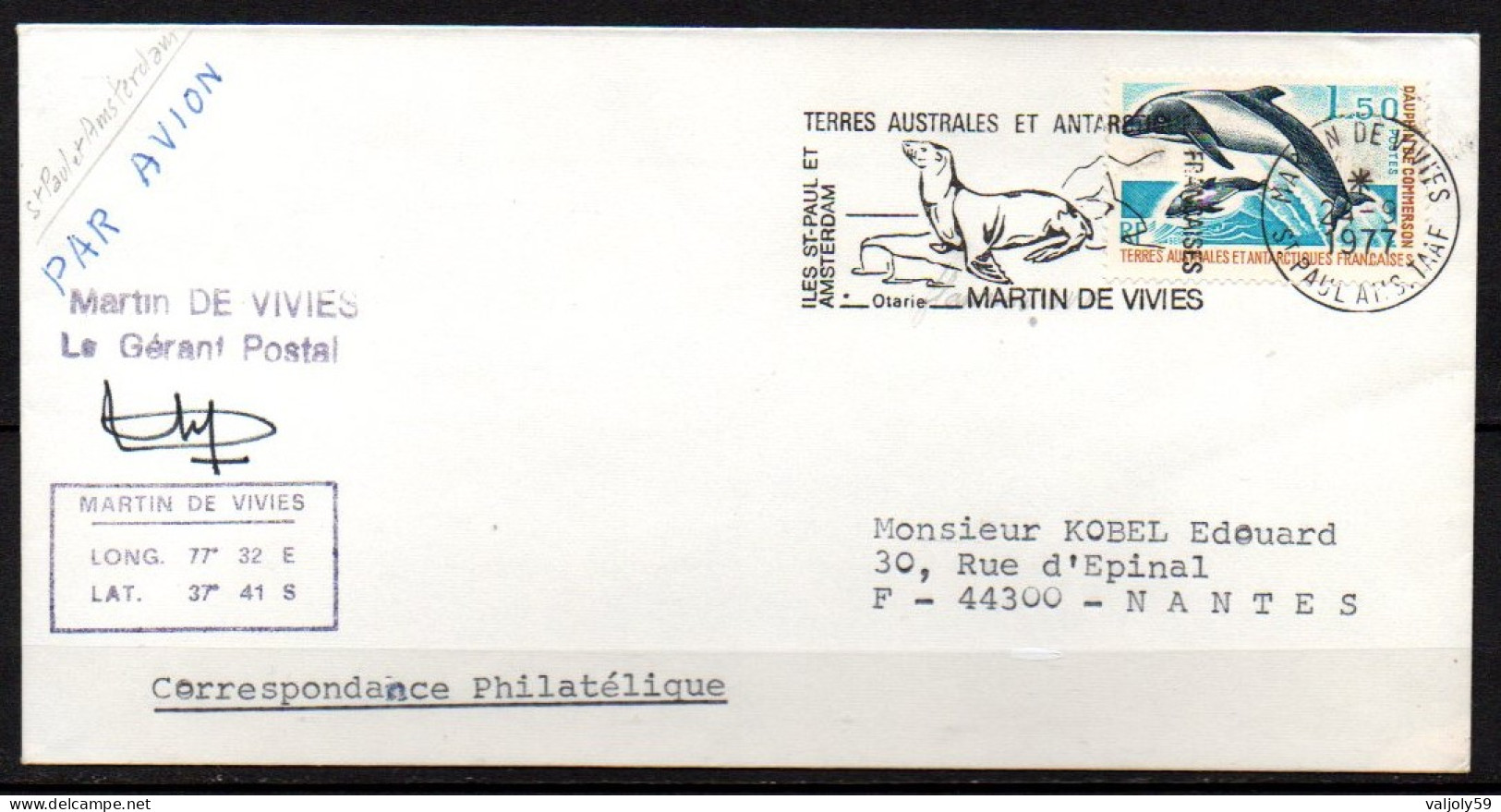 TAAF - Lettre Martin De Vivies - Saint-Paul Et Amsterdam - 24/09/1977 - Lettres & Documents