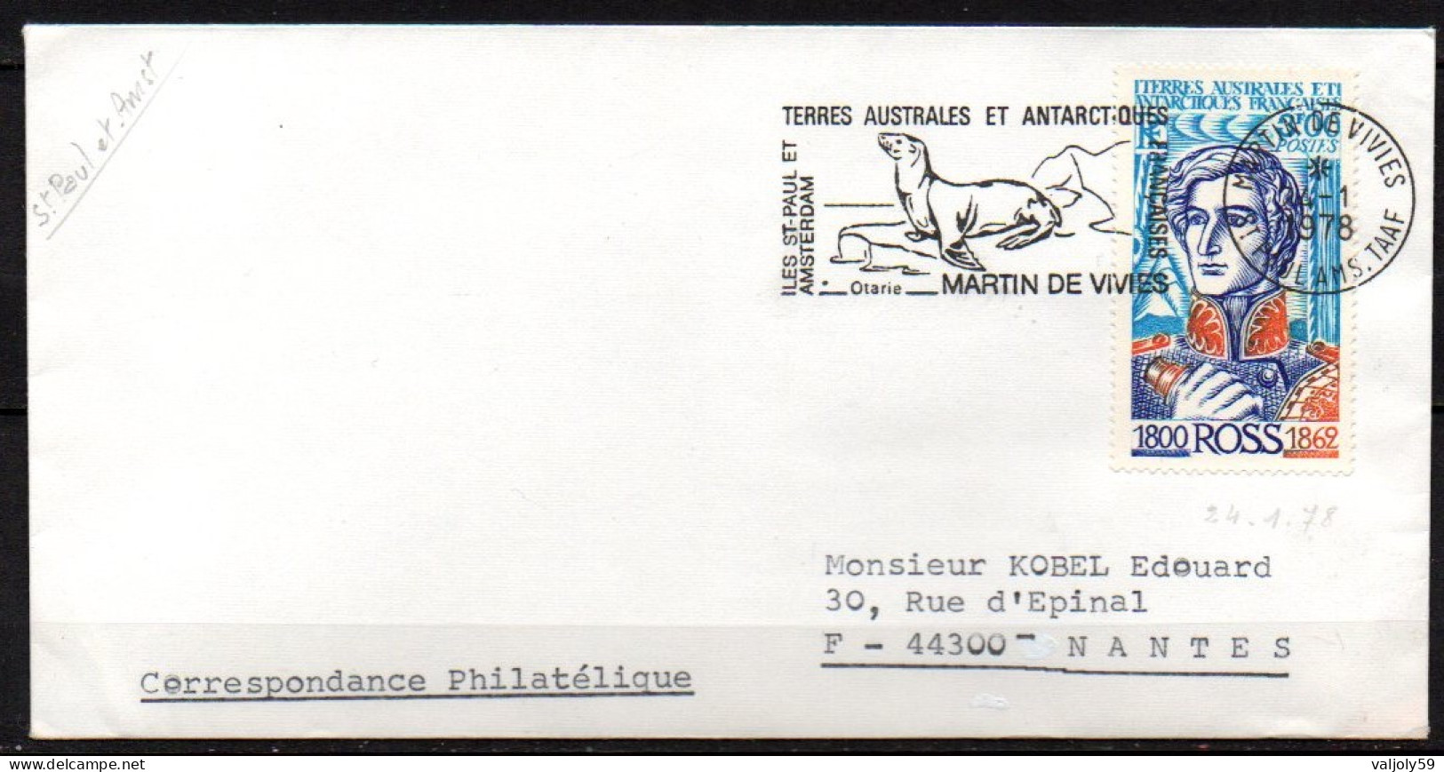 TAAF - Lettre Martin De Vivies - Saint-Paul Et Amsterdam - 24/01/1978 - Covers & Documents
