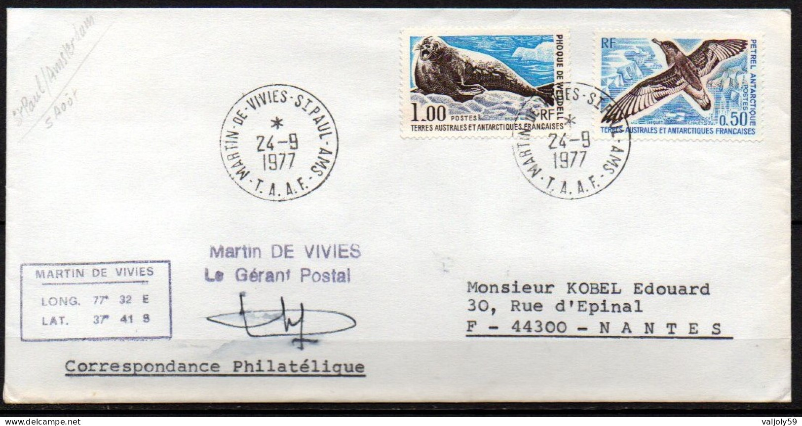 TAAF - Lettre Martin De Vivies - Saint-Paul Et Amsterdam - 24/09/1977 - Covers & Documents