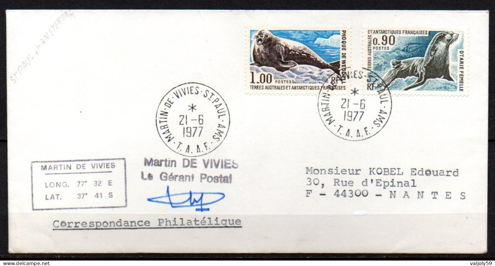 TAAF - Lettre Martin De Vivies - Saint-Paul Et Amsterdam - 21/06/1977 - Covers & Documents