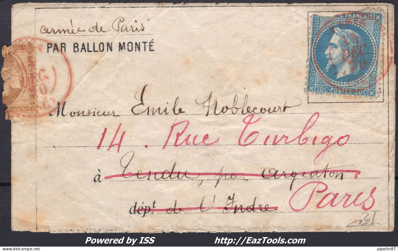 FRANCE N°29B SUR BALLON MONTÉ LE VILLE DE PARIS CAD ROUGE PARIS SC DU 11/12/1870 - 1863-1870 Napoleone III Con Gli Allori