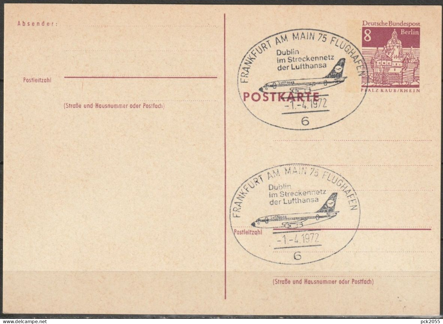 Berlin Ganzsache 1969 Mi.-Nr. P 76 Erstflugstempel Frankfurt -Dublin 1.4.72  ( PK 263 ) - Cartes Postales - Oblitérées