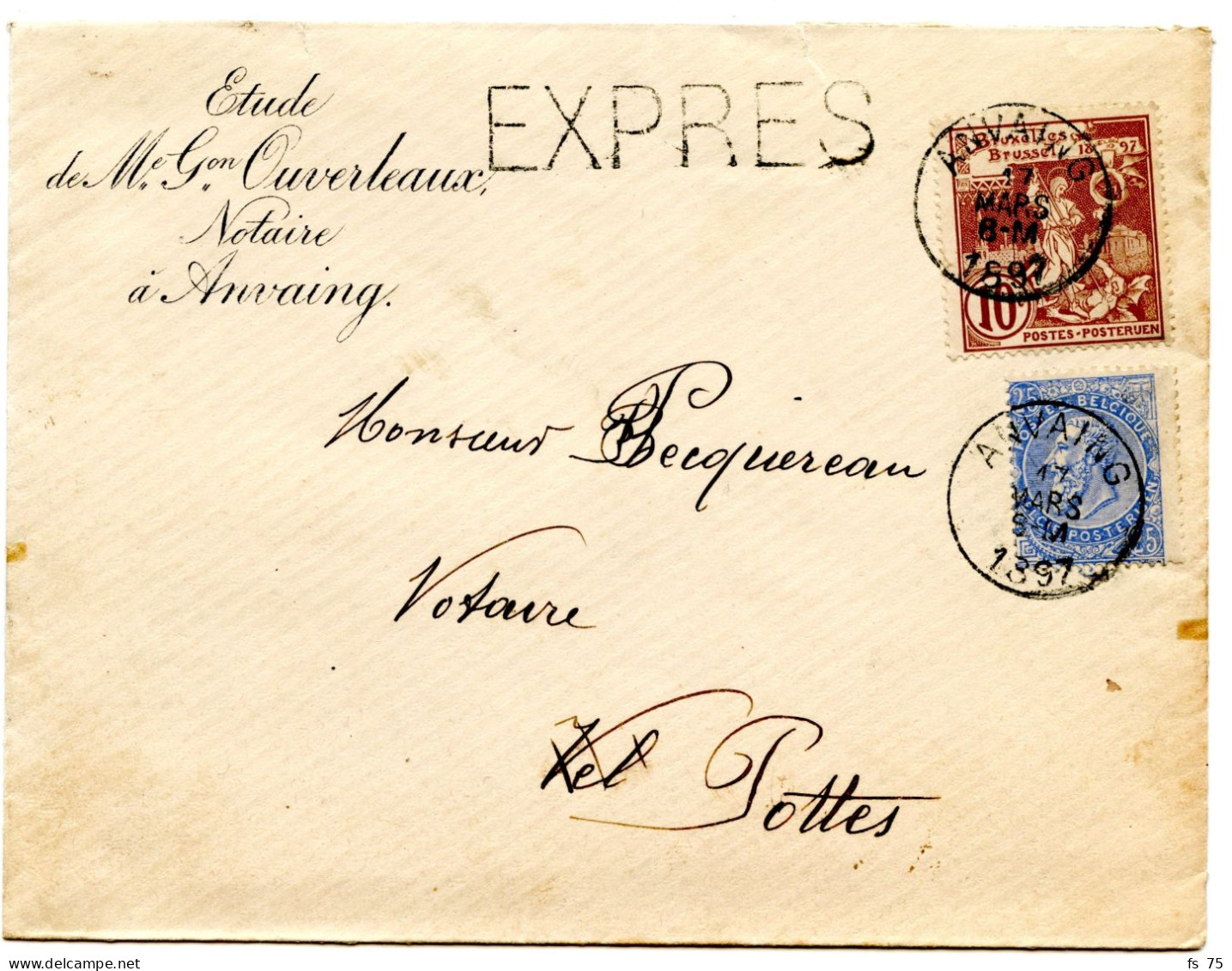 BELGIQUE - COB 70+72 SIMPLE CERCLE ANVAING SUR LETTRE PAR EXPRES, 1897 - 1893-1900 Barba Corta